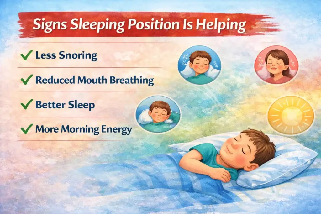 Signs that a sleeping position is helping a child with nasal blockage, including less snoring, reduced mouth breathing, better sleep, and improved morning energy