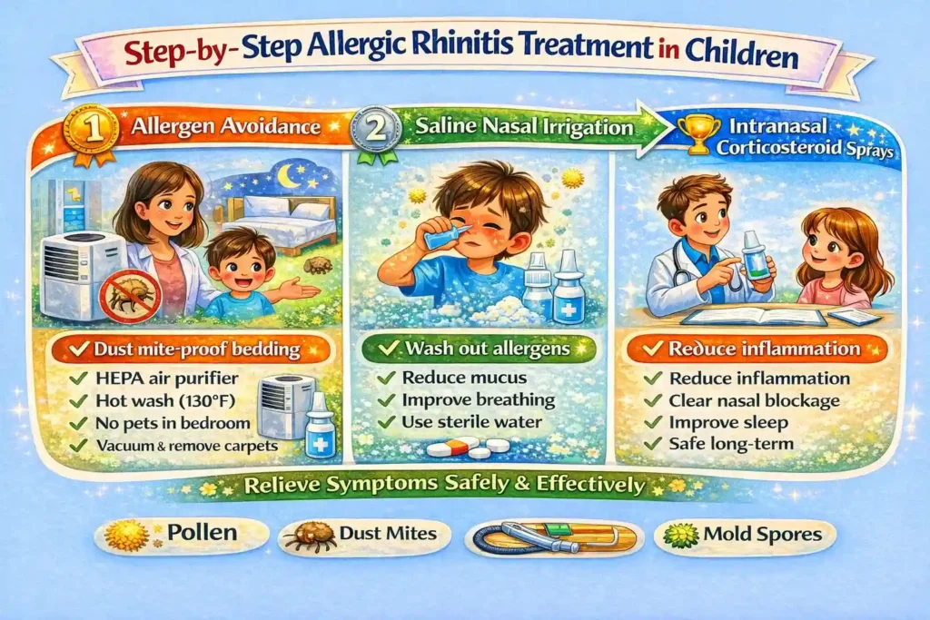 step by step allergic rhinitis treatment children infographic.webp
