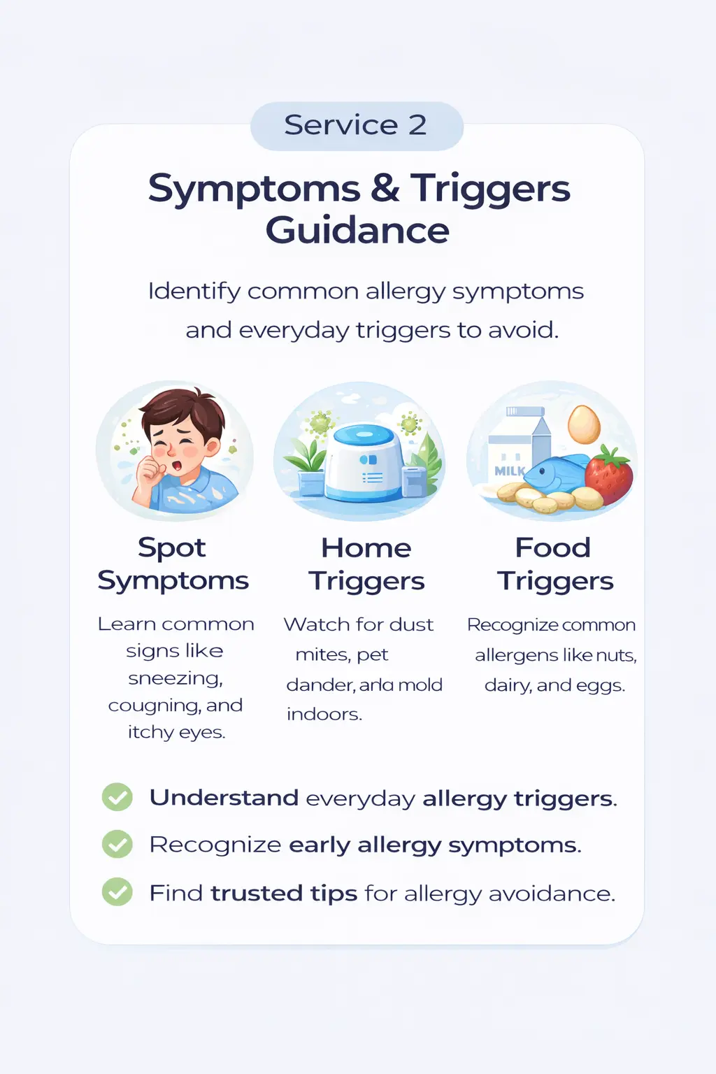 Simple infographic explaining common allergy symptoms and everyday triggers found at home and in food