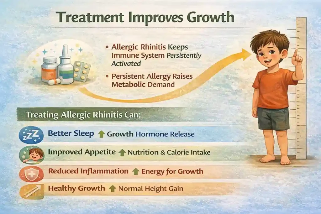 Infographic showing how treating allergic rhinitis can improve sleep, appetite, reduce inflammation, and support healthy growth in children
