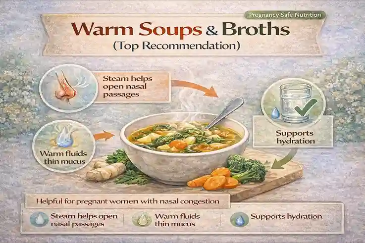 Infographic showing warm soups and broths as pregnancy-safe foods that may help relieve nasal congestion by opening nasal passages, thinning mucus, and supporting hydration