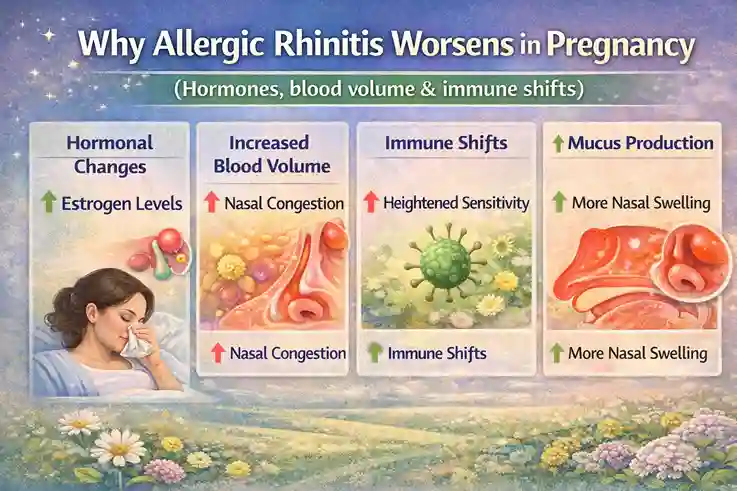 why allergic rhinitis worsens pregnancy hormones blood volume immune shifts