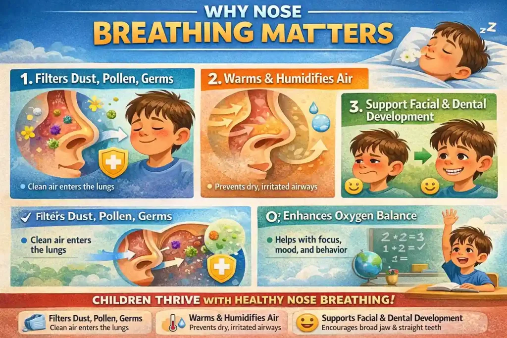 Why Mouth Breathing Is a Problem (Long-Term Risks) Illustration explaining why nose breathing matters in children, showing how nasal breathing filters allergens, warms and humidifies air, supports facial and dental development, and improves oxygen balance and focus.