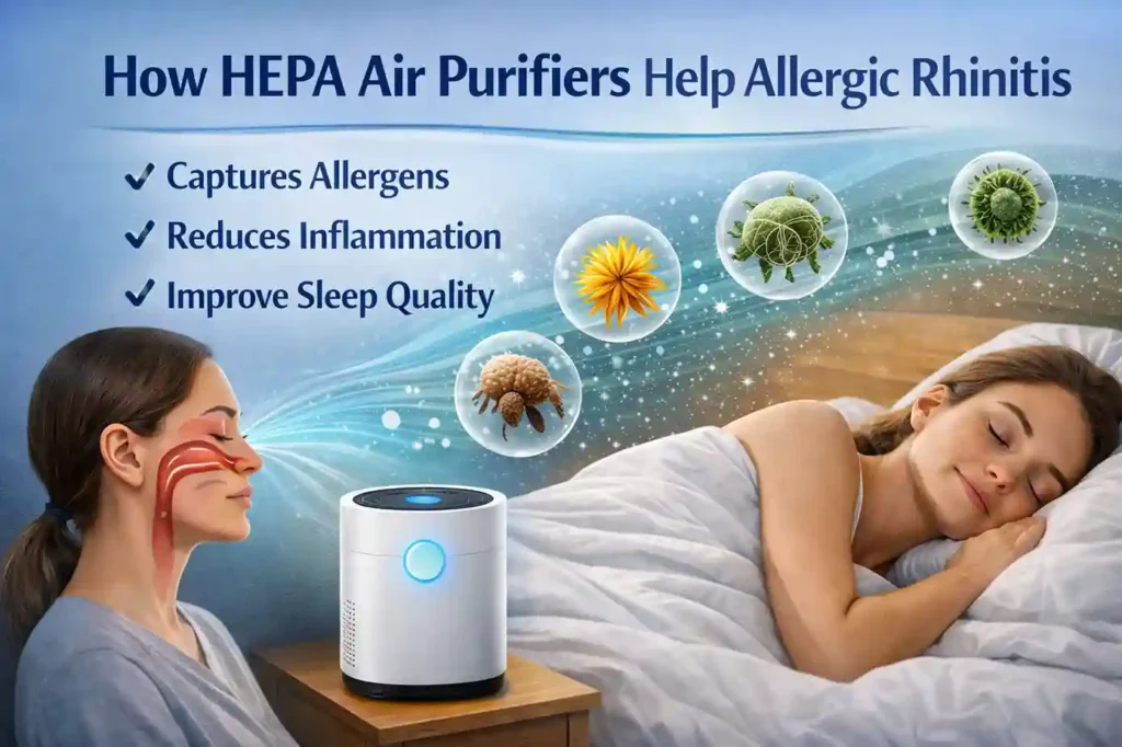 Infographic showing how HEPA air purifiers reduce airborne allergens and improve allergic rhinitis symptoms indoors