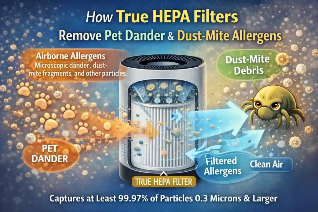 How True HEPA filters capture airborne pet dander and dust-mite allergens to improve indoor air quality