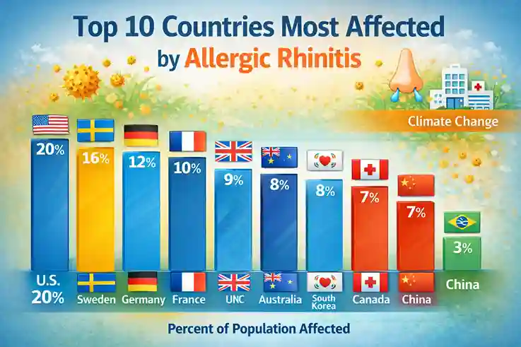 1. top 10 countries most affected by allergic rhinitis bar chart