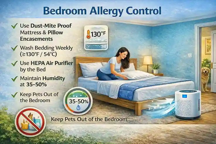 Bedroom allergy control infographic showing dust-mite-proof bedding, HEPA air purifier use, weekly hot-water washing, humidity control at 35–50%, and pet exclusion to reduce allergic rhinitis symptoms