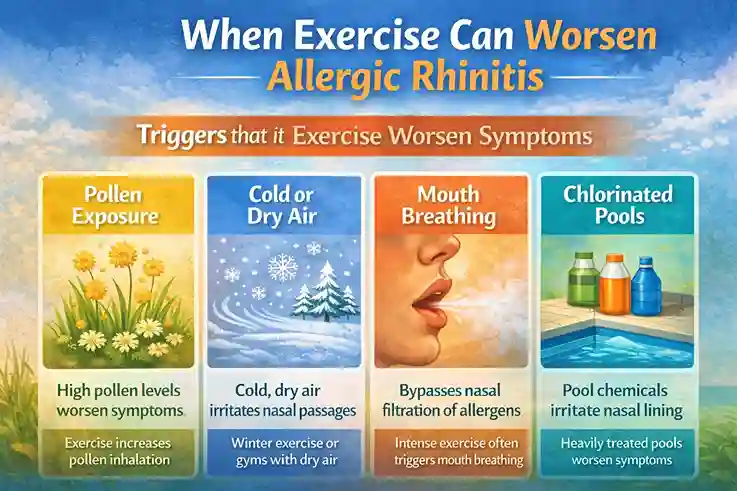 Infographic titled 'When Exercise Can Worsen Allergic Rhinitis' showing four triggers: pollen exposure, cold/dry air, mouth breathing, and chlorinated pools, each with icons and brief explanations of how they worsen symptoms.
