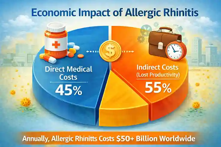 Infographic showing the economic impact of allergic rhinitis, highlighting that 45% of the cost is from direct medical expenses and 55% from indirect costs due to lost productivity. The infographic features a pie chart with contrasting blue and orange tones and icons for medical treatment and productivity loss