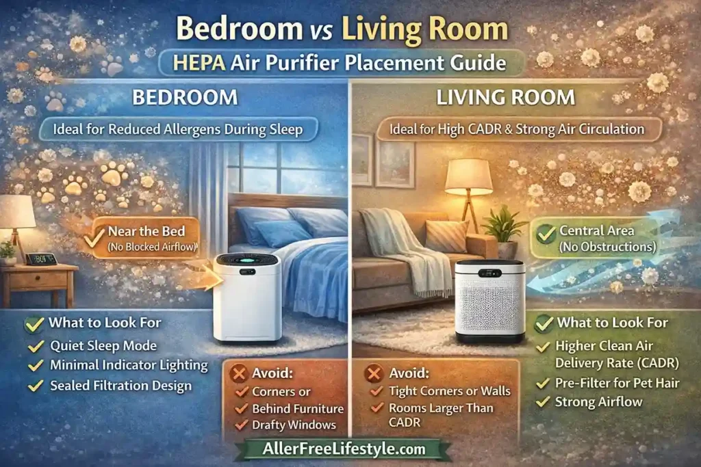 Bedroom vs living room HEPA air purifier placement guide showing optimal positioning for allergen control
