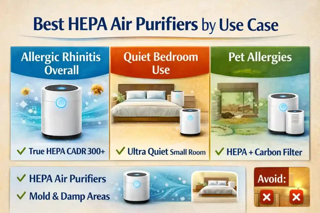 Infographic showing the best HEPA air purifiers by use case, including allergic rhinitis, bedroom use, and pet allergies
