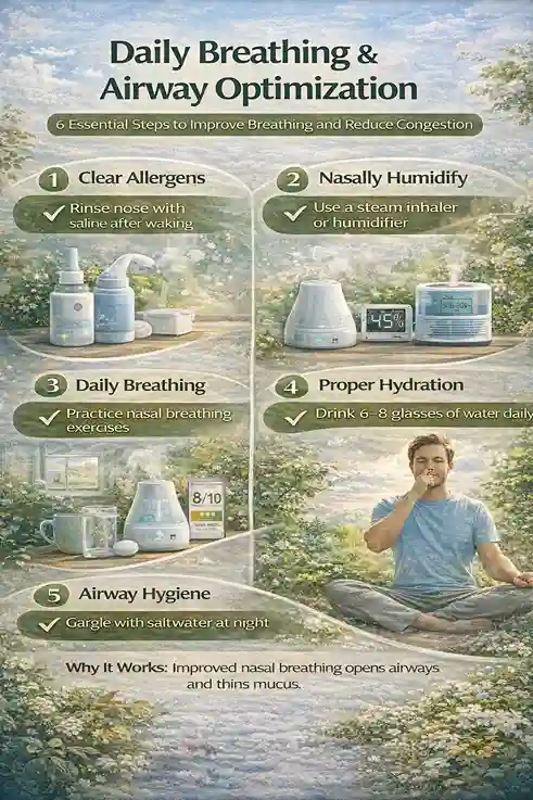 Daily breathing and airway optimization infographic showing nasal breathing, hydration, humidity control, and airway hygiene for allergic rhinitis