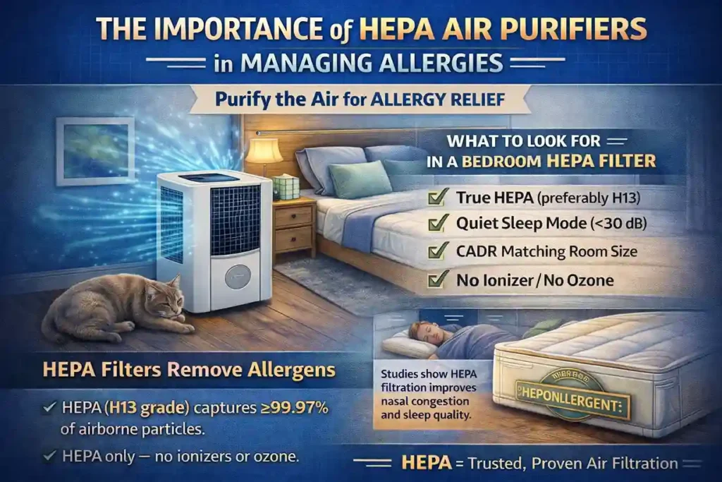 Infographic titled "The Importance of HEPA Air Purifiers in Managing Allergies" showcasing how HEPA filters improve air quality by removing allergens and essential features to look for in a bedroom HEPA filter, including quiet operation, true HEPA grade, and no ionizers or ozone.