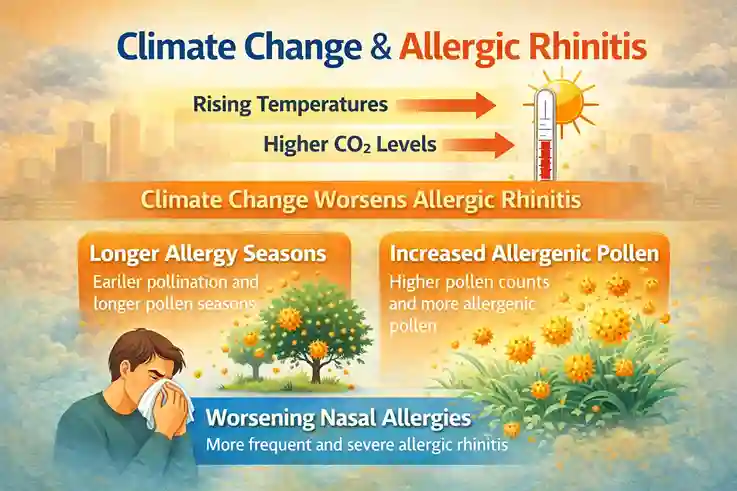 Infographic illustrating the impact of climate change on allergic rhinitis, showing rising temperatures, higher CO2 levels, longer allergy seasons, and increased allergenic pollen. Features a man sneezing, trees with more pollen, and a smoggy city background