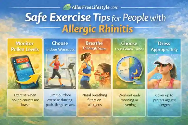 Infographic titled 'Types of Exercises That Help with Allergic Rhinitis' featuring five exercises: Walking/Jogging, Swimming, Yoga, Indoor Cycling, and Stretching, each with icons and descriptions highlighting their benefits for alleviating allergy symptoms
