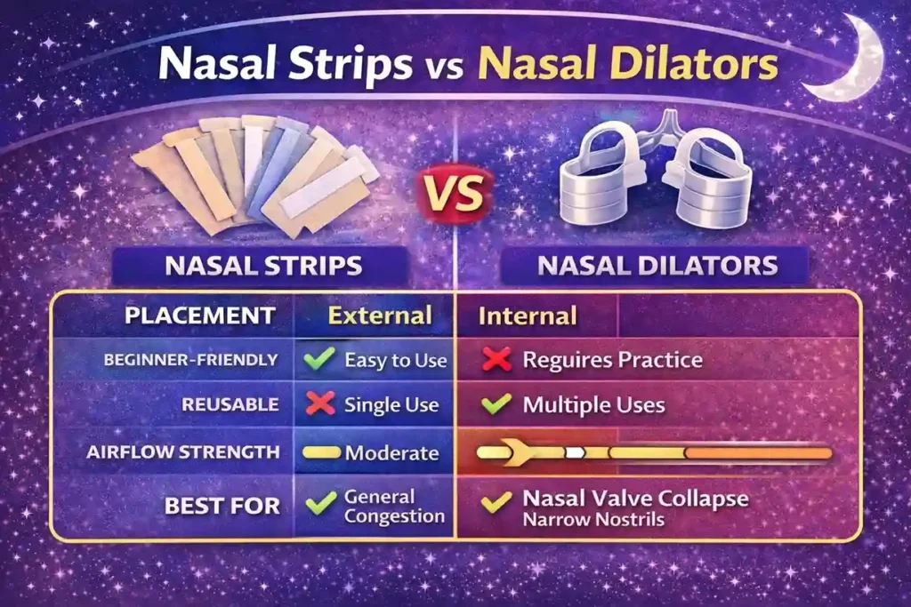 Comparison infographic showing differences between nasal strips and nasal dilators, including placement, ease of use, reusability, airflow strength, and suitability for nighttime nasal congestion