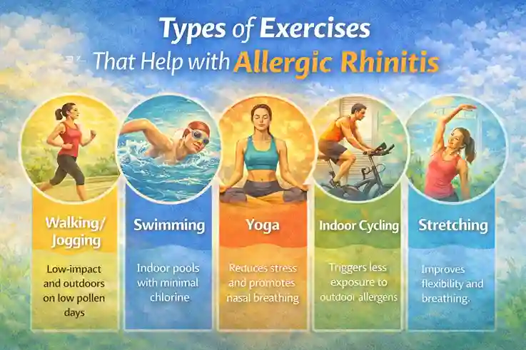 Infographic titled 'Managing Allergic Rhinitis Through Breathing-Focused Exercises' showing three breathing exercises: Diaphragmatic Breathing, Alternate Nostril Breathing, and Buteyko Breathing, with illustrations and descriptions of how each helps improve airflow and reduce congestion