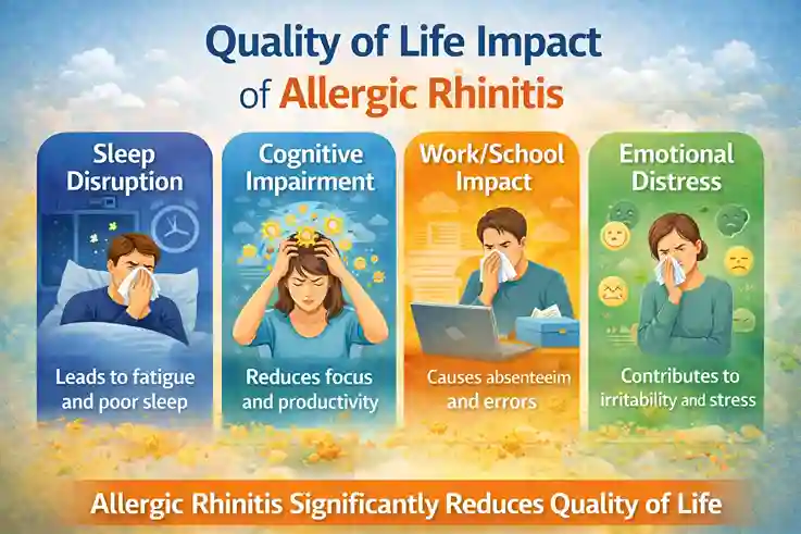 Infographic highlighting the quality of life impact of allergic rhinitis: Sleep disruption, cognitive impairment, work/school impact, and emotional distress. Each section features an illustration with brief descriptions showing how AR affects daily life