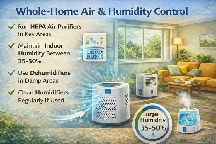 Whole-home air and humidity control infographic showing HEPA air purifier use, indoor humidity maintained at 35–50%, dehumidifiers in damp areas, and clean humidifier practices to reduce airborne allergens