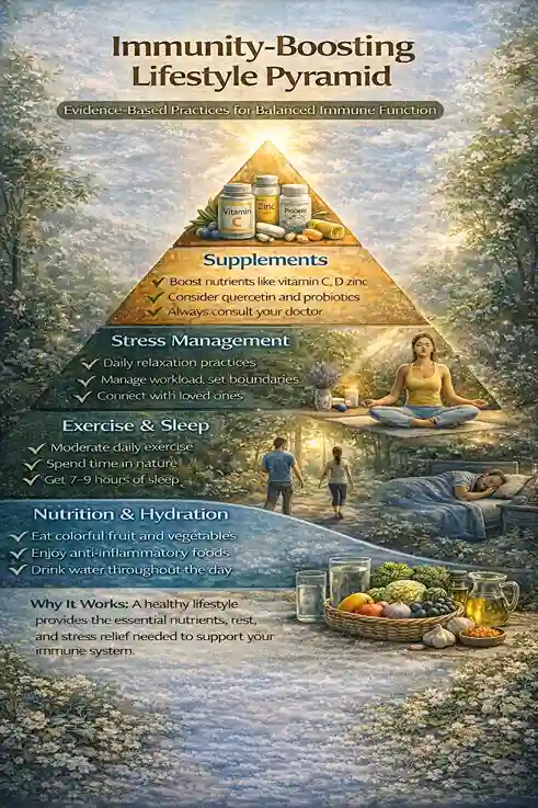 Immunity support pyramid showing lifestyle-first, evidence-based strategies for allergic rhinitis including nutrition, sleep, exercise, stress control, and targeted supplements