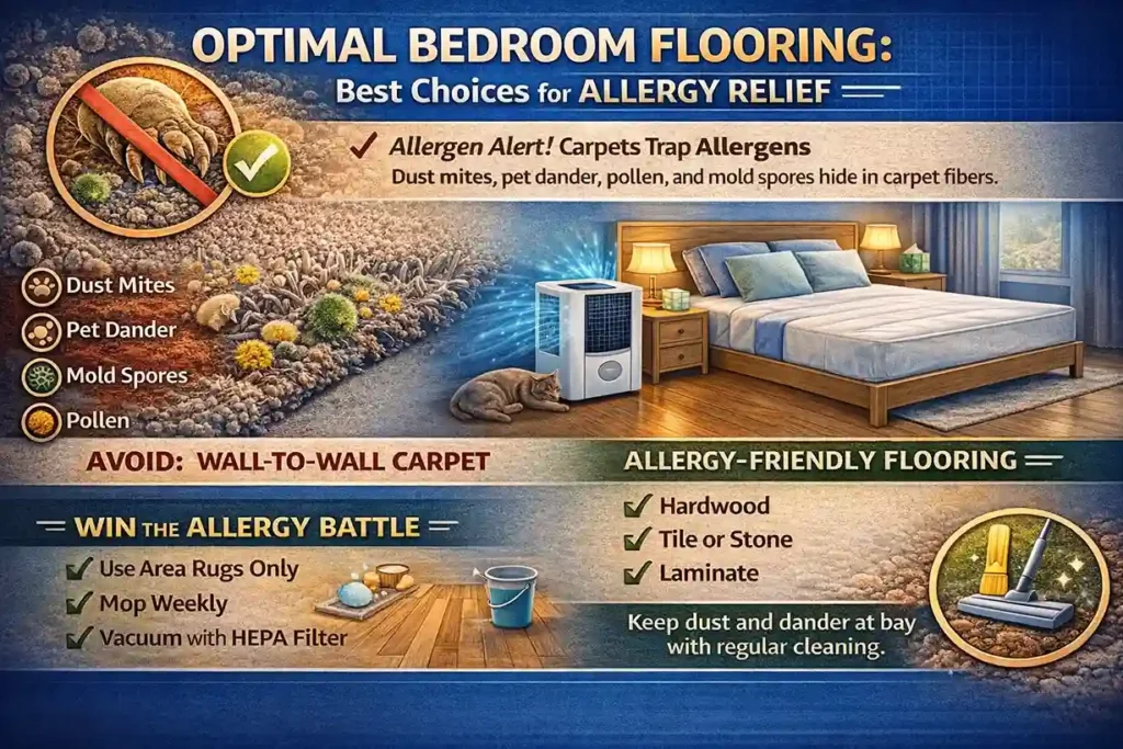 Infographic titled "Optimal Bedroom Flooring: Best Choices for Allergy Relief" highlighting the importance of choosing hypoallergenic flooring like hardwood, tile, or laminate over wall-to-wall carpet to reduce allergens such as dust mites, pet dander, and mold spores.