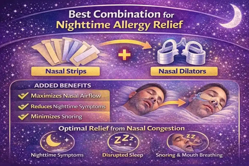 Infographic showing the best combination for nighttime allergy relief using nasal strips or nasal dilators with allergen control to improve airflow, reduce snoring, and support better sleep