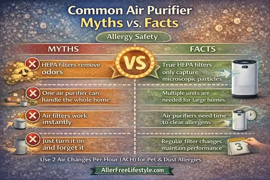 Common air purifier myths versus facts explaining allergy safety and proper HEPA air purifier use