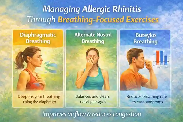 Infographic titled 'Safe Exercise Tips for People with Allergic Rhinitis' offering practical advice with six tips: monitor pollen levels, choose indoor workouts, breathe through your nose, exercise during low-pollen times, dress appropriately, and cover up to protect against allergens