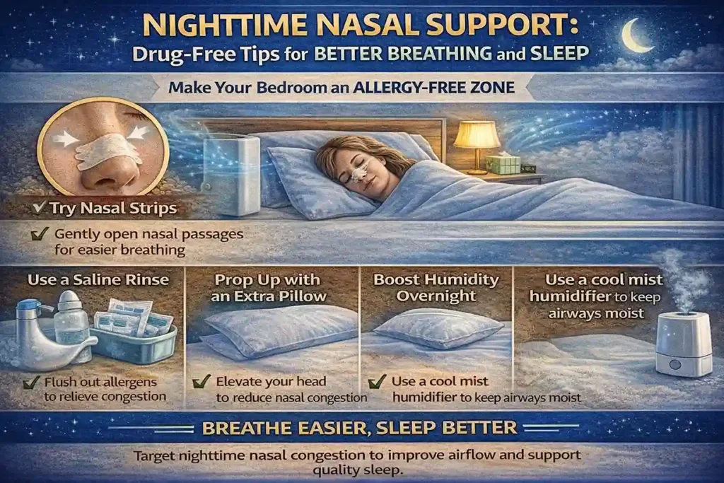 Infographic titled "Nighttime Nasal Support: Drug-Free Tips for Better Breathing and Sleep" providing four practical tips for improving nasal airflow and sleep quality, including using nasal strips, saline rinse, elevating your head with an extra pillow, and using a cool mist humidifier.