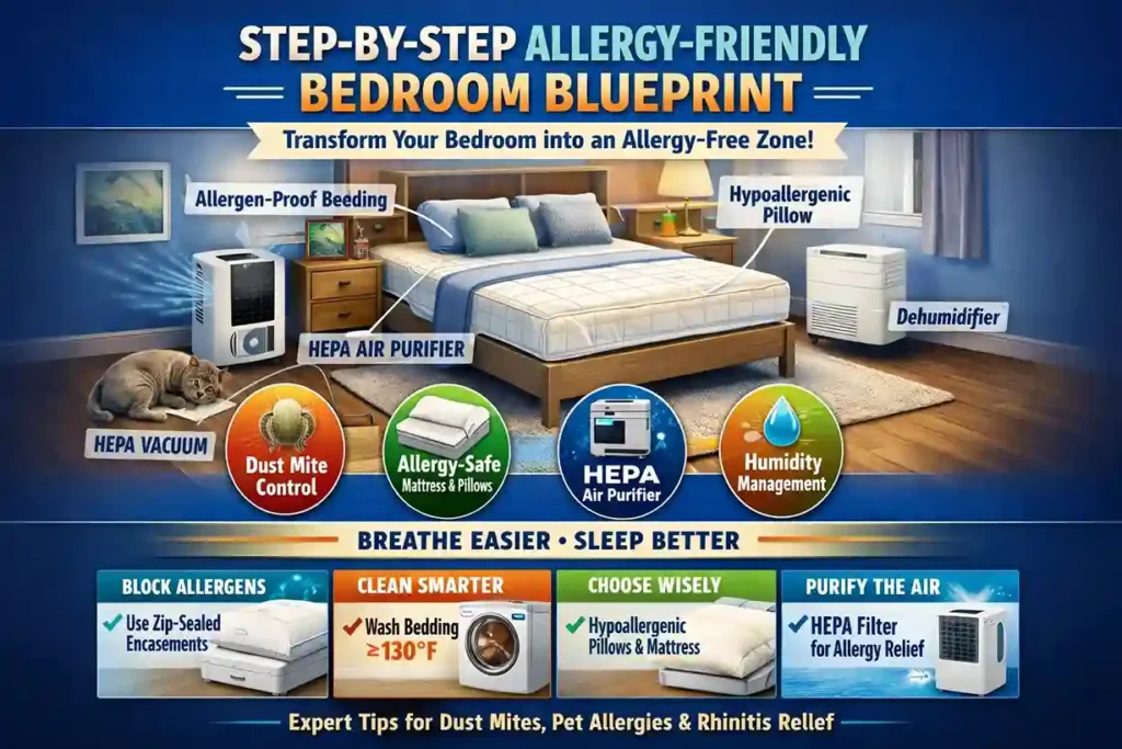 Step-by-step allergy-friendly bedroom blueprint infographic showcasing tips for controlling dust mites, using HEPA purifiers, hypoallergenic pillows, humidity control, and allergy-safe mattress choices to create a healthier sleep environment