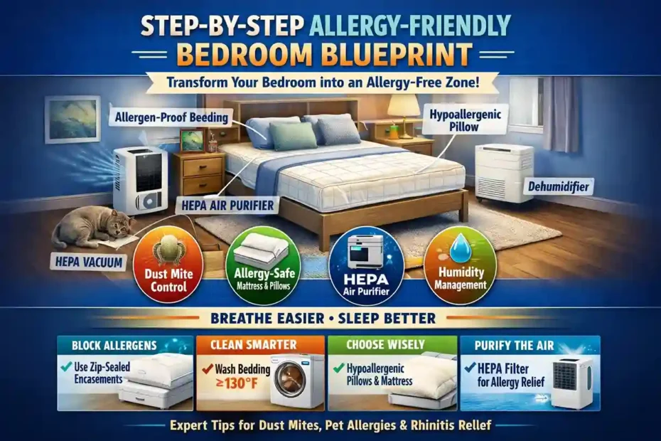 Step-by-step allergy-friendly bedroom blueprint infographic showcasing tips for controlling dust mites, using HEPA purifiers, hypoallergenic pillows, humidity control, and allergy-safe mattress choices to create a healthier sleep environment