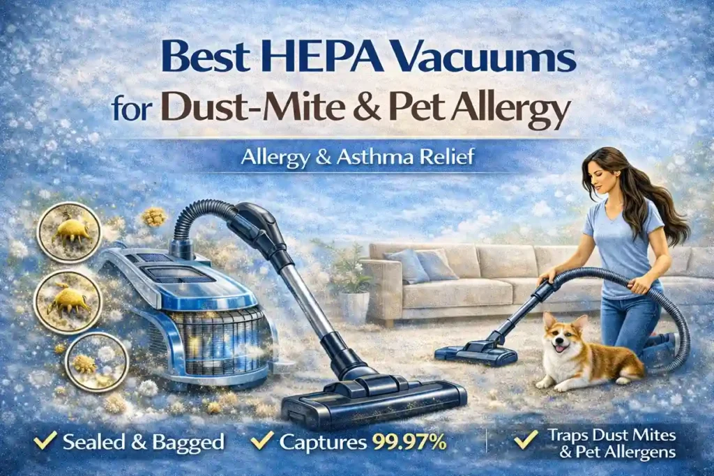HEPA vacuum cleaner with sealed filtration removing dust-mite and pet allergens in a living room