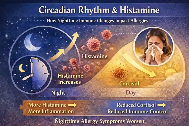 Circadian rhythm showing increased nighttime histamine and reduced cortisol leading to worse allergic rhinitis symptoms
