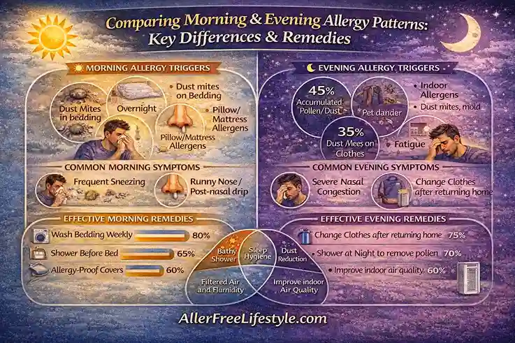 Infographic comparing morning and evening allergy patterns, showing differences in triggers, symptoms, and effective remedies for allergic rhinitis throughout the day