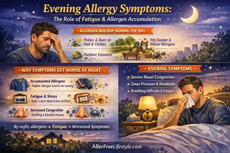 Evening allergy symptoms infographic showing how fatigue and daily allergen accumulation worsen nasal congestion, sinus pressure, and breathing difficulty at night