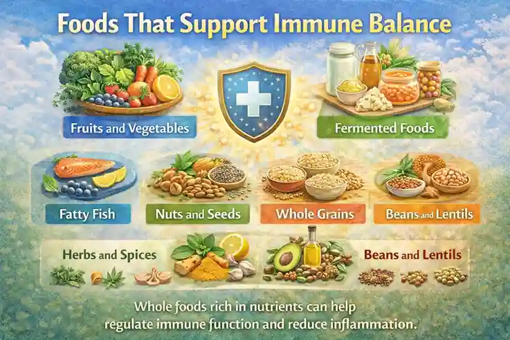 Infographic showing foods that support immune balance including fruits, vegetables, fermented foods, fatty fish, nuts, seeds, and whole grains