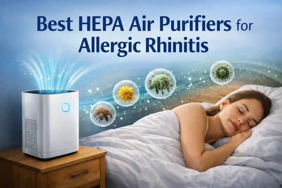 HEPA air purifier reducing indoor allergens in a bedroom for allergic rhinitis relief