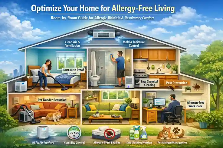 Home environment optimization for allergy-free living showing room-by-room strategies to reduce indoor allergens, improve air quality, and relieve allergic rhinitis symptoms
