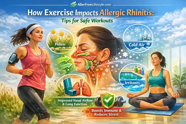 Illustration showing the impact of exercise on allergic rhinitis, with jogger and yoga practitioner, nasal airflow graphics, and icons for pollen, cold air, irritants, and benefits like improved nasal airflow and immune boosting