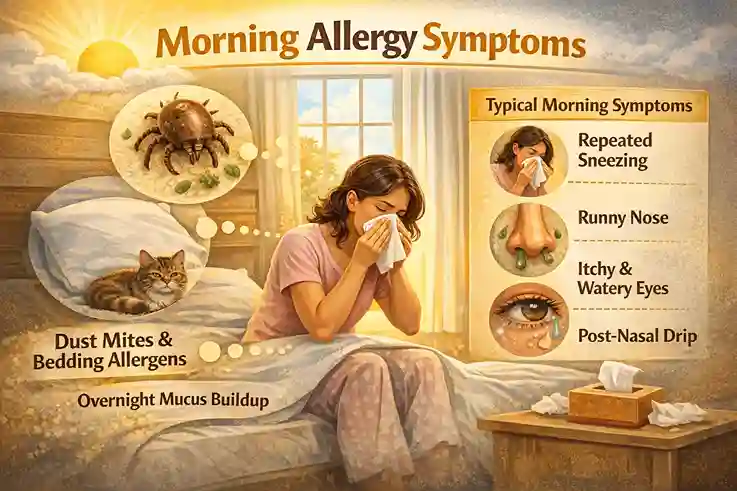 Morning allergy symptoms such as sneezing, runny nose, itchy watery eyes, and post-nasal drip linked to dust mites, bedding allergens, and overnight mucus buildup