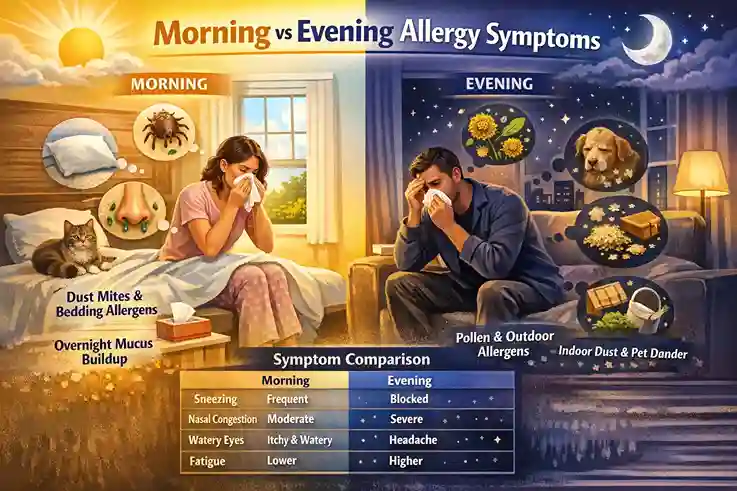 Side-by-side comparison chart of morning and evening allergy symptoms highlighting differences in sneezing, congestion severity, fatigue, and sleep disturbance