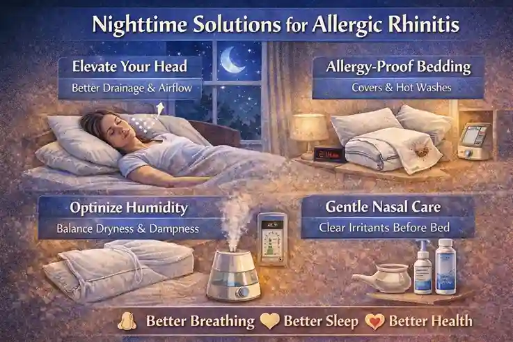 Nighttime solutions for allergic rhinitis including head elevation, allergy-proof bedding, humidity control, and gentle nasal care