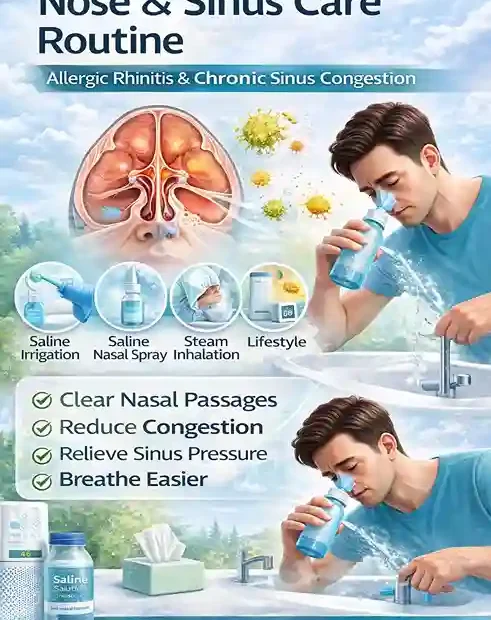 Evidence-based nose and sinus care routine for allergic rhinitis and chronic sinus congestion, showing saline nasal irrigation to reduce inflammation and improve breathing