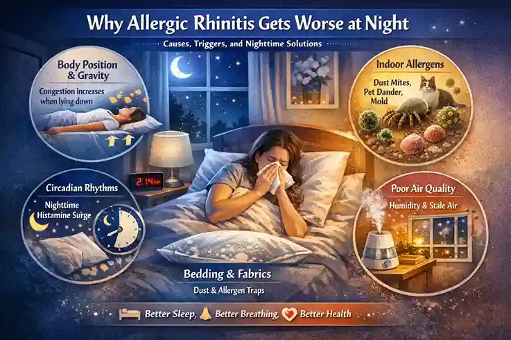Why allergic rhinitis gets worse at night showing nasal congestion, histamine release, and indoor allergens affecting sleep