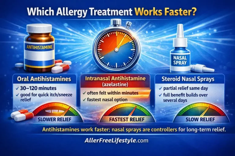 A colorful infographic comparing the speed of allergy relief from oral antihistamines, intranasal antihistamines, and steroid nasal sprays, with clear visuals, speedometer graphics, and details on treatment effectiveness.