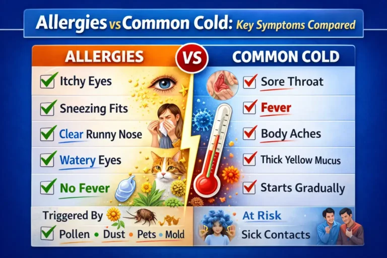 Allergies vs common cold key symptoms comparison showing itching, sneezing, fever, mucus, and triggers
