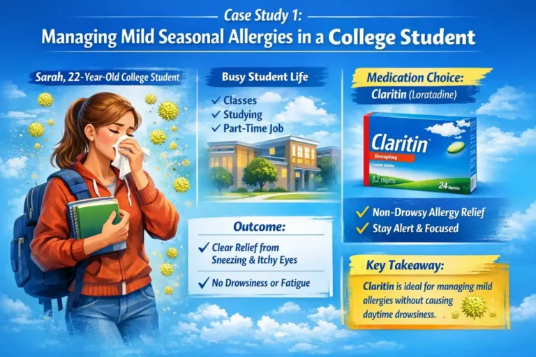 “Case study infographic of a college student managing mild seasonal allergies using Claritin (loratadine), highlighting non-drowsy allergy relief for sneezing, runny nose, and itchy eyes”