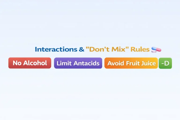 Simple infographic tags showing antihistamine interaction warnings: no alcohol, limit antacids, avoid fruit juice, and -D decongestant caution.