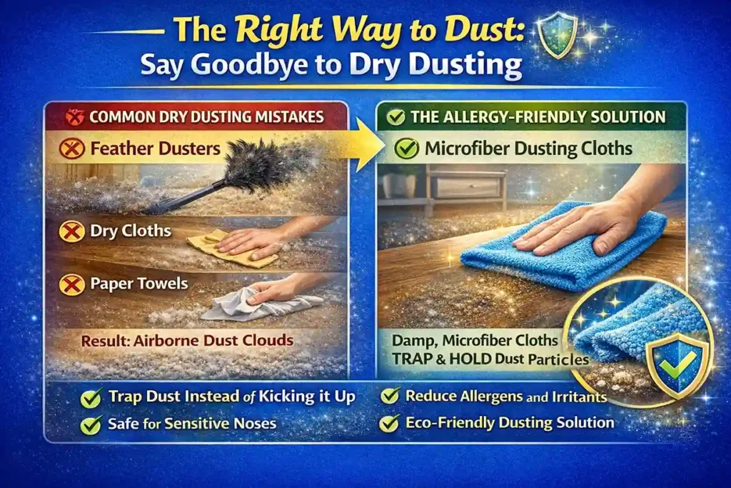 Infographic comparing common dry dusting mistakes like feather dusters, dry cloths, and paper towels with the allergy-friendly solution of microfiber dusting cloths. The infographic highlights how microfiber cloths trap dust particles, reduce allergens, and are eco-friendly, offering a safer dusting option for sensitive noses