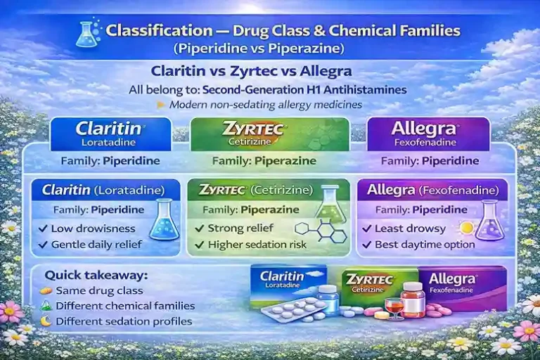 3 classification drug class claritin zyrtec allegra piperidine vs piperazine infographic